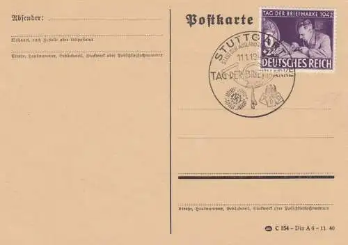 Blanko Certificat spécial de timbre 1942: Stuttgart: jour d. Timbre, ville. d d . Etranger.