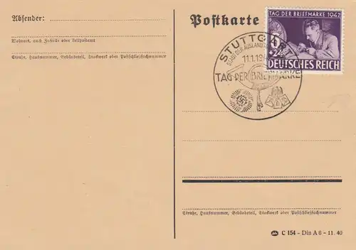 Blanko Sonderstempelbeleg 1942: Stuttgart: Tag d. Briefmarke, Stadt. d. Ausland.