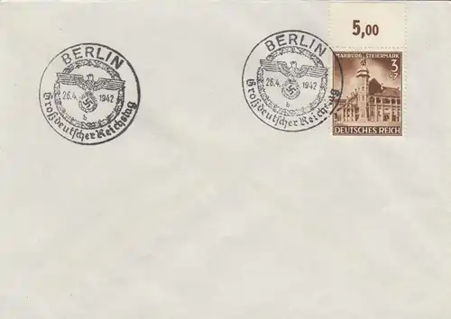 Blanko Certificat spécial de timbre 1942: Berlin: Grand Reichstag 26.4.1942
