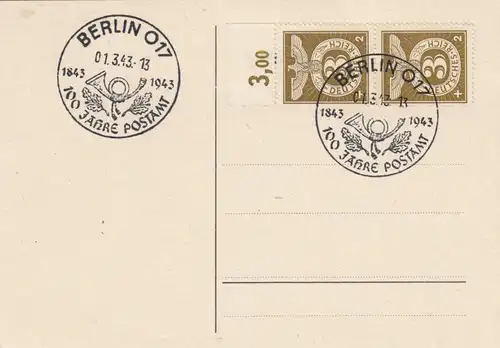 Blanko Certificat spécial de timbre 1943: Berlin: 100 ans Bureau de poste