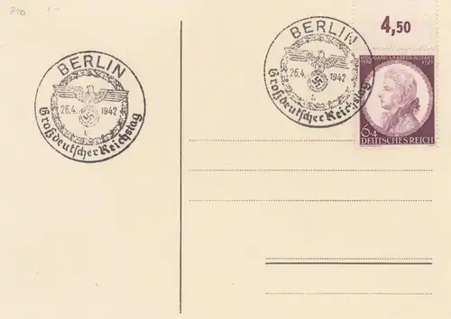Blanko Certificat spécial de timbre 1942: Berlin: Grand Reichstag allemand
