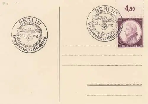 Blanko Sonderstempelbeleg 1942: Berlin: Großdeutscher Reichstag