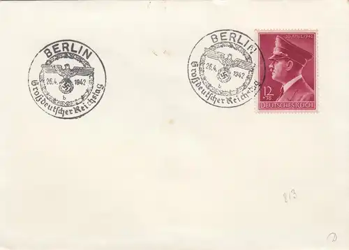 Blanko Certificat spécial de timbre 1942: Berlin: Grand Reichstag 26.4.1942