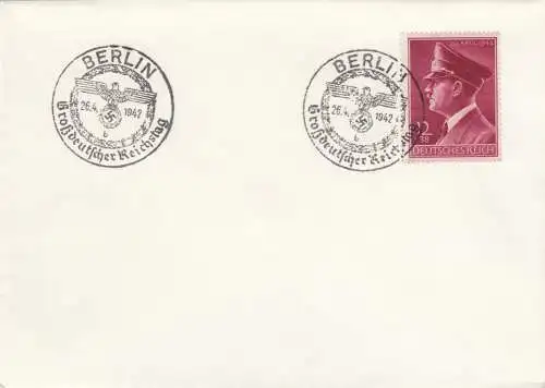 Blanko Sonderstempelbeleg 1942: Berlin: Großdeutscher Reichstag 26.4.1942