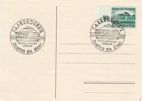 Blanko Sonderstempelbeleg 1939: Saarbrücken: 50. Geburtstag des Führers 