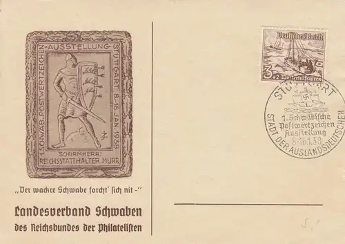 Blanko Sonderstempelbeleg 1938: Stuttgart: Landesverband Schwaben Philatelisten
