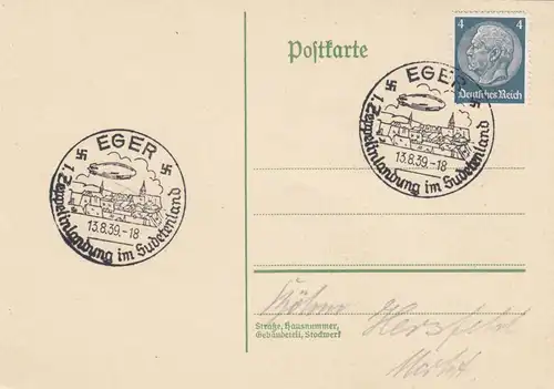 Certificat spécial de timbre blanc 1939: Eger: 1er atterrissage en orteil dans le pays du Sud