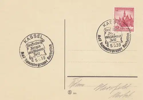 Certificat spécial de timbre blanc 1939: Kassel: Groupe de collection Aurhessen