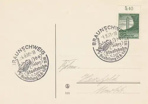 Blanko Certificat spécial de timbre 1938: Braunschweig: Exposition 100 ans de chemin de fer national