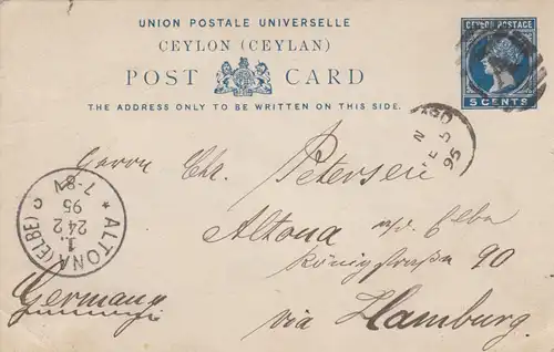 1895: post card Colombo to Hambourg.