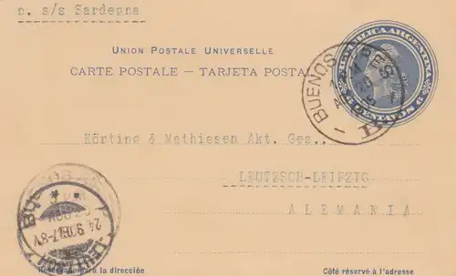 Post card 1905 Buenos Aires to Leutzsch/Leipzig vai s/s Sardegna