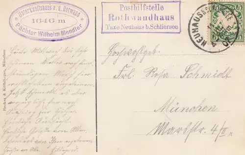 Ansichtskarte 1907 Posthilfsstelle Rothwandhaus/Neuhaus/Schliersee nach München