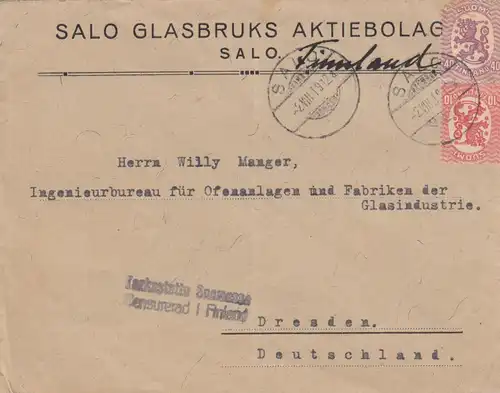 letter 1919 Salo to Dresden, censor Finland