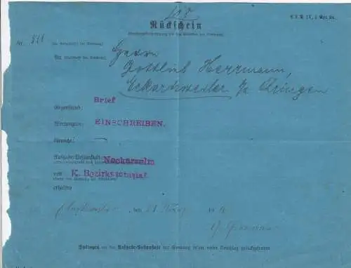 Avis de retour de Neckarstulm vers Öhringen 1916