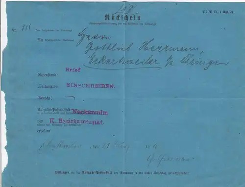 Rückschein Neckarstulm nach Öhringen 1916