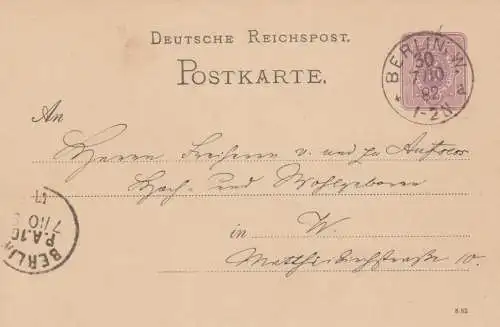 Ganzsache 1892 von Berlin