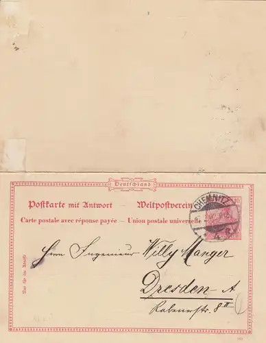 Affaire entière Chemnitz 1902 selon Dresde avec carte de réponse non utilisée