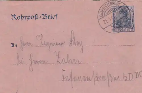 Lettre de Rohrpost 1905 à l'intérieur de Berlin