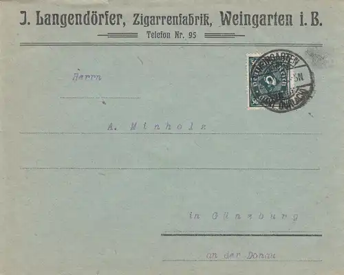 Brief Zigarrenfabrik Weingarten nach Günzburg 
