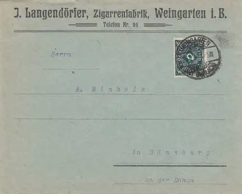 Lettre Cigares-usine Weingarten vers Günzburg