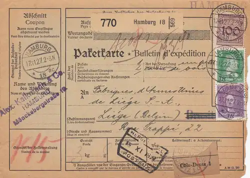 Auslandspaketkarte 1927 von Hamburg nach Liége/Belgien