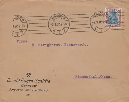 Brief 1922 aus Hannover nach Blumenthal, rückseitig Firmenwerbung Schrauben