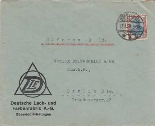 Brief 1922 aus Düsseldorf, Farbenfabrik nach Berlin