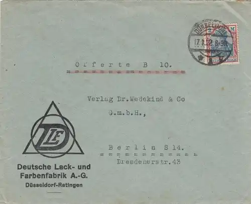 Lettre 1922 de Düsseldorf, Farbenfabrik à Berlin