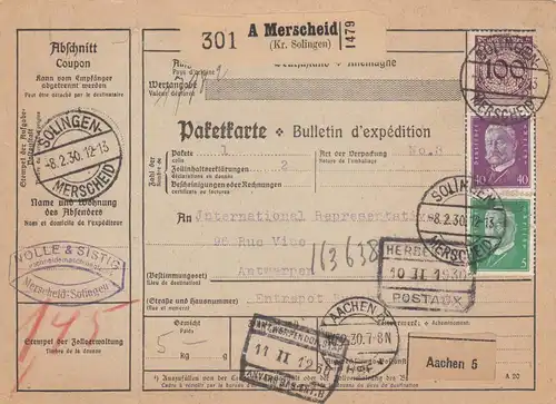 Carte paquet 1930 de Solingen/Merscheid à Anvers via Aix-la-Chapelle