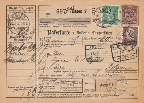 Auslandspaketkarte 1932 Essen nach Liège / Belgien
