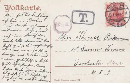 Ansichtskarte Berlin Siegessäule 1908 nach Dorchester, Taxe