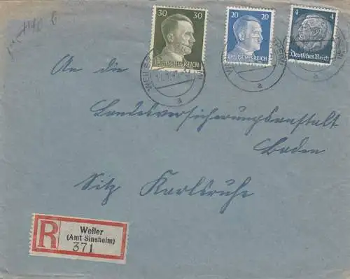 Einschreiben Weiler/Amt Sinsheim nach Karlsruhe 1943