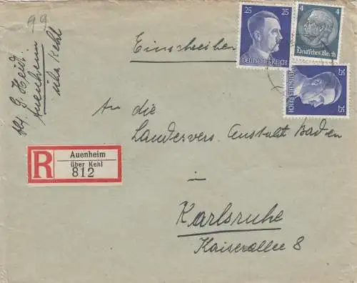 Einschreiben Auenheim über Kehl nach Karlsruhe 1943