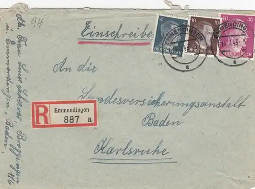 Einschreiben Emmendingen 1943 nach Karlsruhe