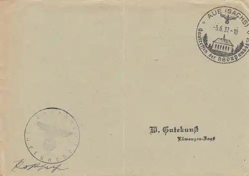 1937: Tampon spécial Aue (Sachs), Gautrehr der NSDAP, Postschicht