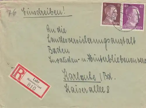 Einschreiben Lahr nach Karlsruhe 1943