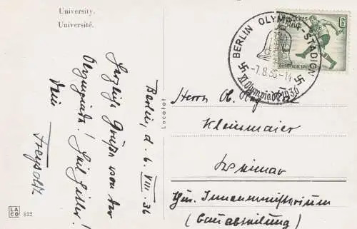 Ansichtskarte Universität Berlin, 1936, Sonderstempel Olympiade, Stadion