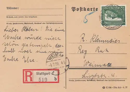 Carte postale recommandée Stuttgart Juillet 1938 à Weimar