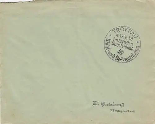 4x Sonderstempel 1938, Troppau, Reichenberg, Karlsbad, Eger, Postsache, Sudeten