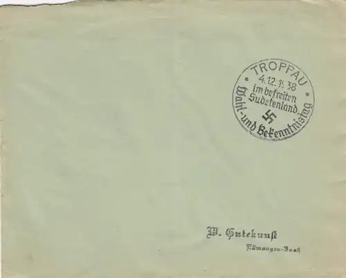 4x Sonderstempel 1938, Troppau, Reichenberg, Karlsbad, Eger, Postsache, Sudeten