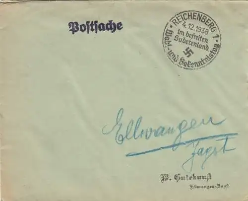 4x Sonderstempel 1938, Troppau, Reichenberg, Karlsbad, Eger, Postsache, Sudeten