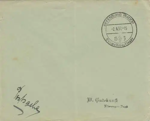 Sonderstempel 1937 Offenburg, Südwestmarktlager HJ, als Postsache