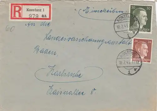 Einschreiben Konstanz 1943 nach Karlsruhe
