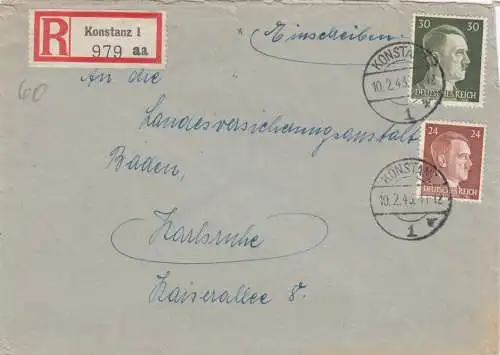 Lettre recommandé Constance 1943 vers Karlsruhe