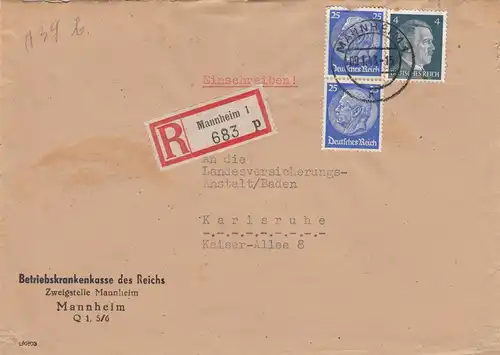 Lettre recommandé Mannheim, BKK d'après Karlsruhe 1943