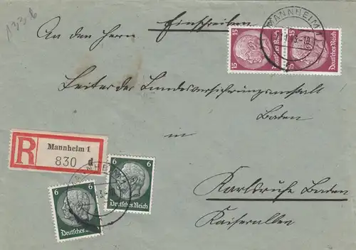 1943 Einschreiben Mannheim nach Karlsruhe