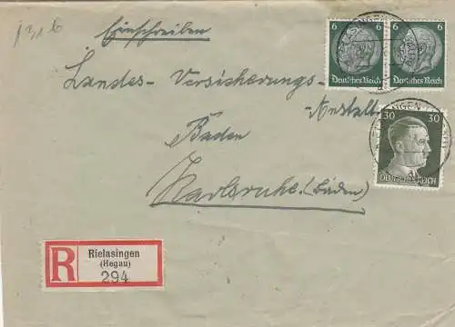1943 Einschreiben Rielasingen, Hegau nach Karlsruhe