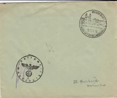 1938: Sonderstempel Magedburg Eröffnung Mittellandkanal als Postsache