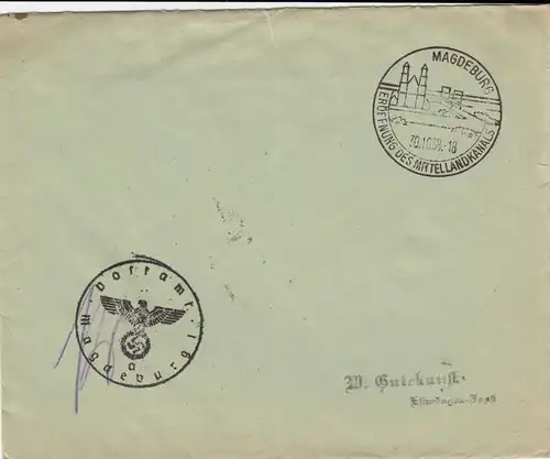 1938: timbre spécial Magedburg Ouverture canal du centre-pays comme une affaire postale