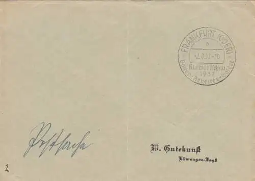 Sonderstempel 1937: Frankfurt Oder, Kurmarktschau, Bauer Arbeiter Soldat